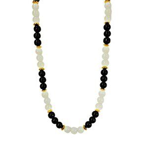 Black and white glass bead necklace with round glass beads and small gold beads